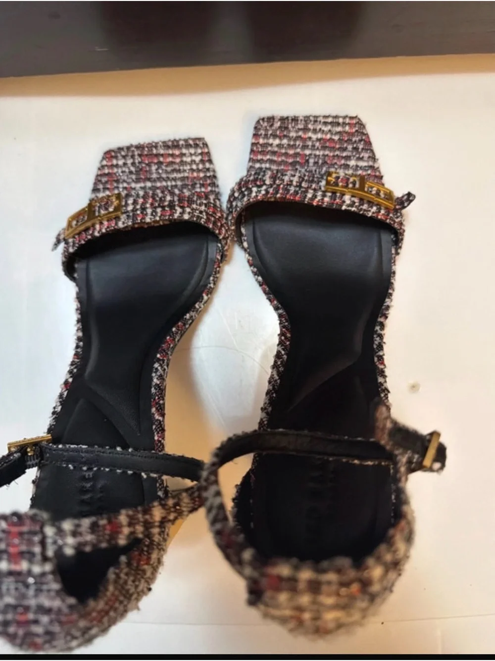 Ted Baker Tweed Square-Toe Ankle-Strap Block Heels in Black and Red multicolor